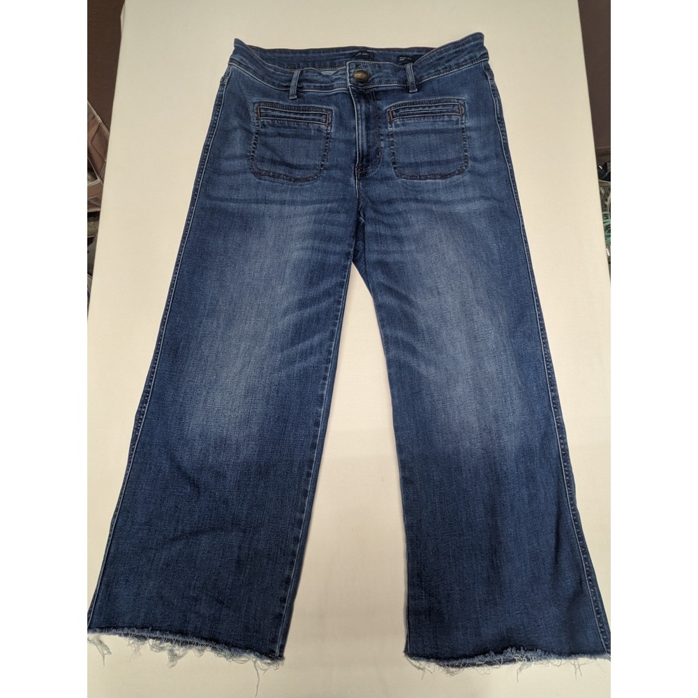 J. Jill Denim Wide Leg Crop Jeans 10R Medium Wash Raw Hem Front Patch Pockets